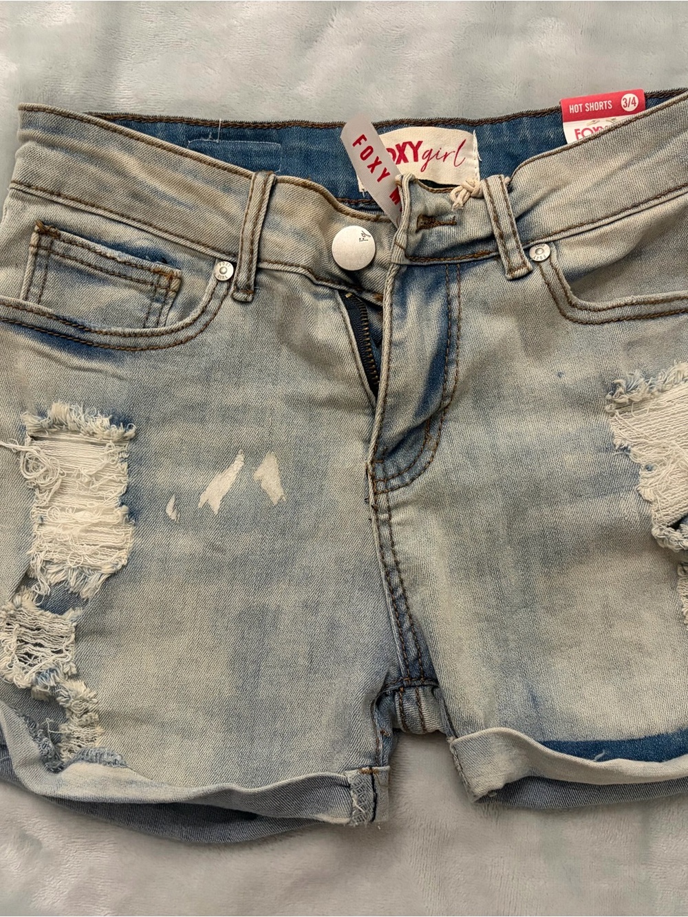 Foxy Girl Light Wash Distressed Denim Shorts - Light Blue